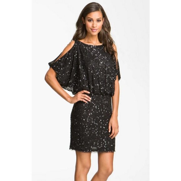 💕AIDAN MATTOX💕 Cold Shoulder Sequin Mini Dress ~ Cocktail Dress Black 6 NWOT - Picture 4 of 12